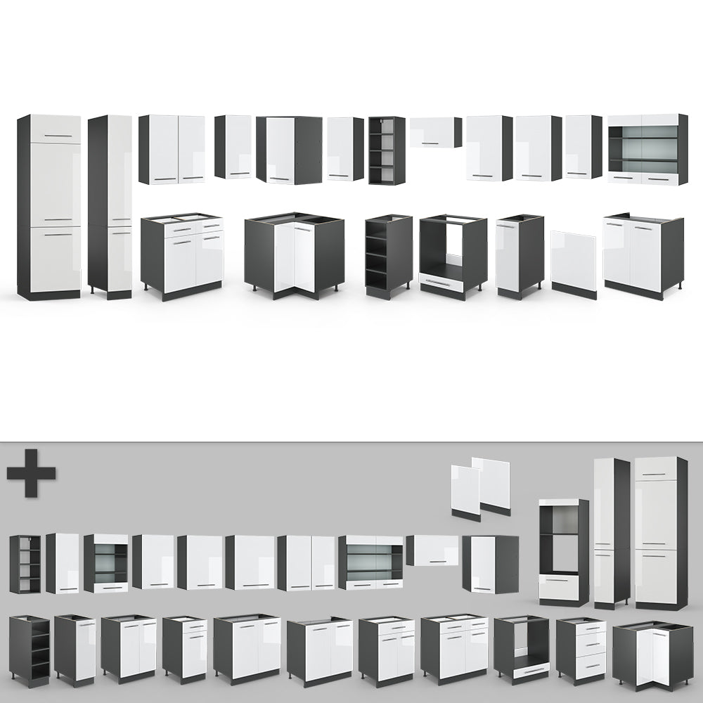 Vicco Cucina angolare completa Bianco lucido/antracite 347 x 257 cm senza piano di lavoro