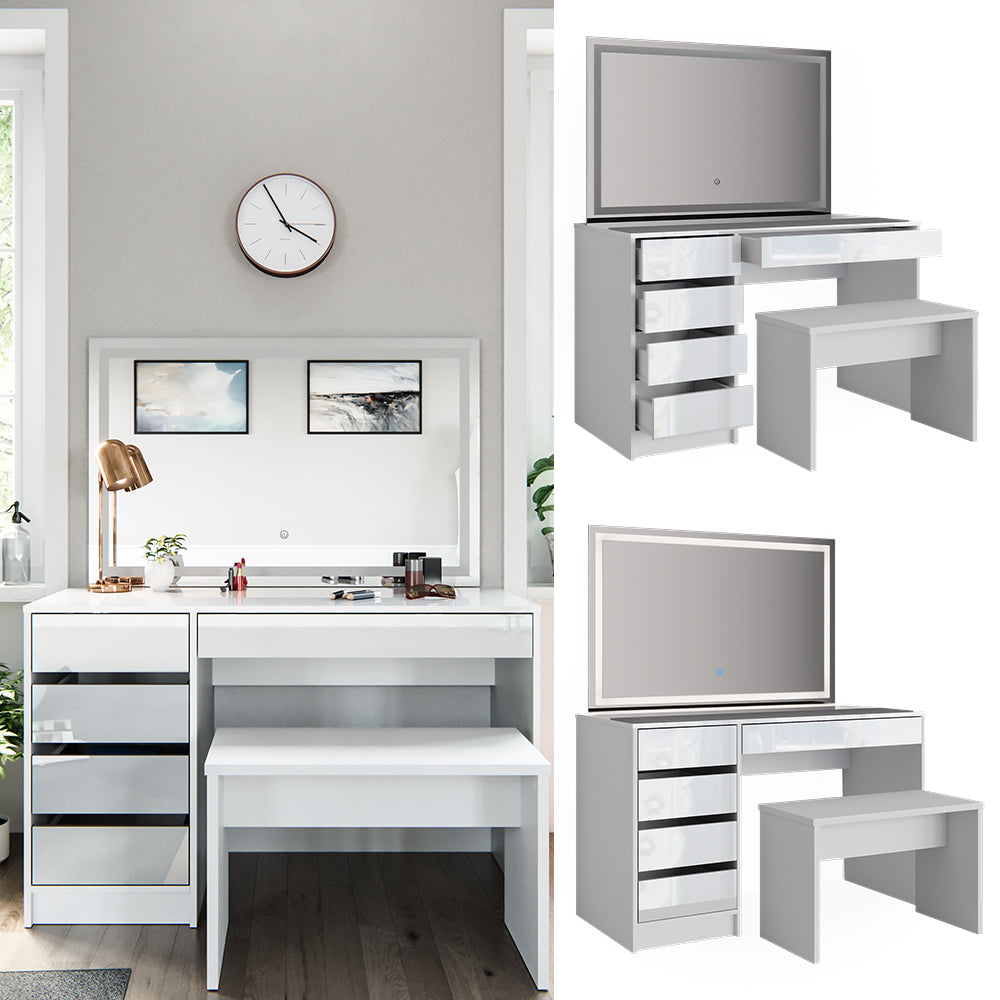 Vicco Tavolo da toeletta Bianco 55 cm con specchio a LED e panca