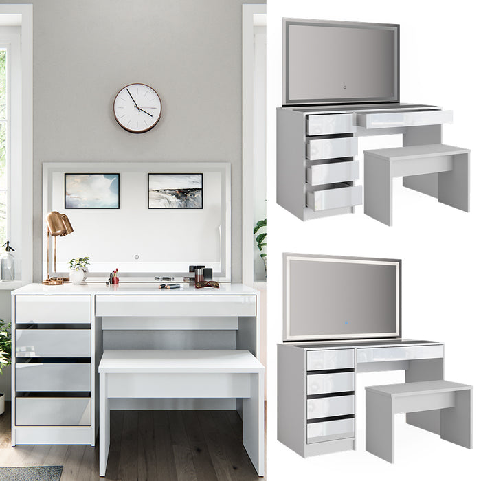 Vicco Tavolo da toeletta Bianco 55 cm con specchio a LED e panca