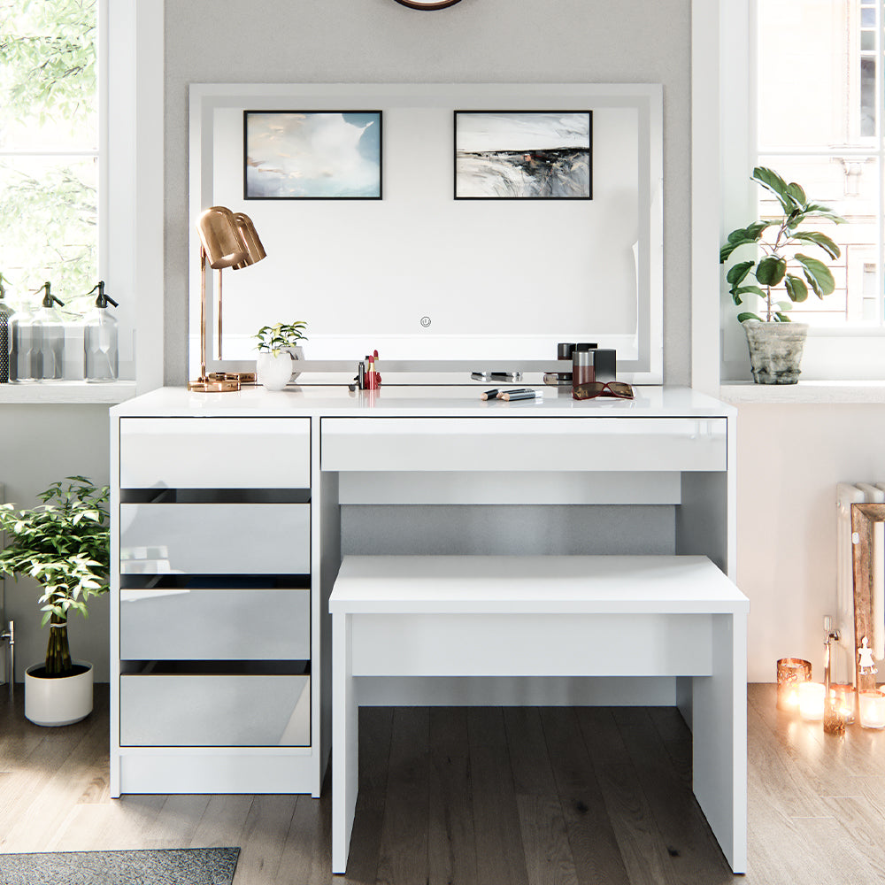 Vicco Tavolo da toeletta Bianco 55 cm con specchio a LED e panca