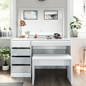 Vicco Tavolo da toeletta Bianco 55 cm con specchio a LED e panca