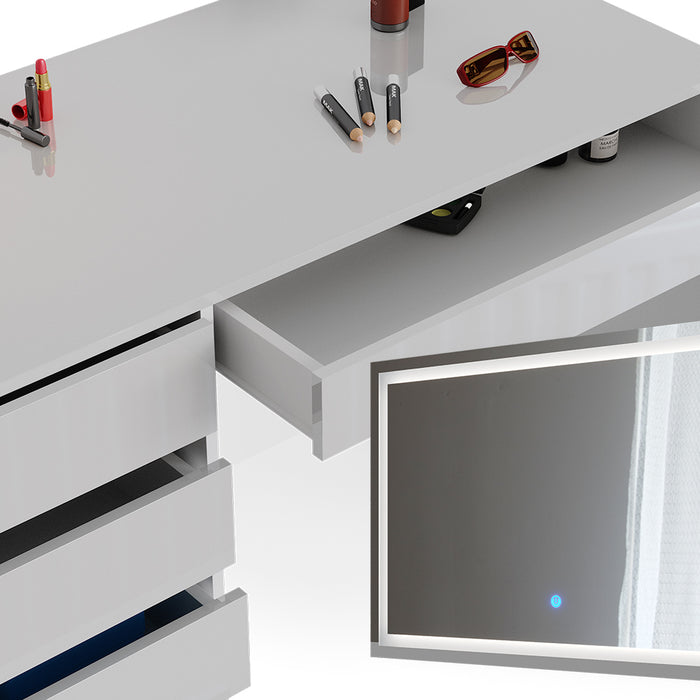 Vicco Tavolo da toeletta Bianco 55 cm con specchio a LED e panca