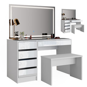 Vicco Tavolo da toeletta Bianco 55 cm con specchio a LED e panca