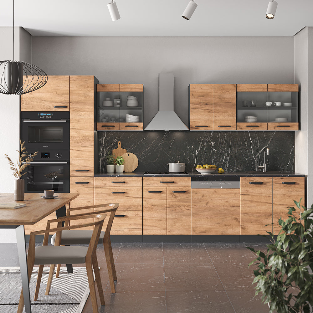 Vicco Cucina componibile Quercia dorata/antracite 350 cm con armadio alto, senza piano di lavoro