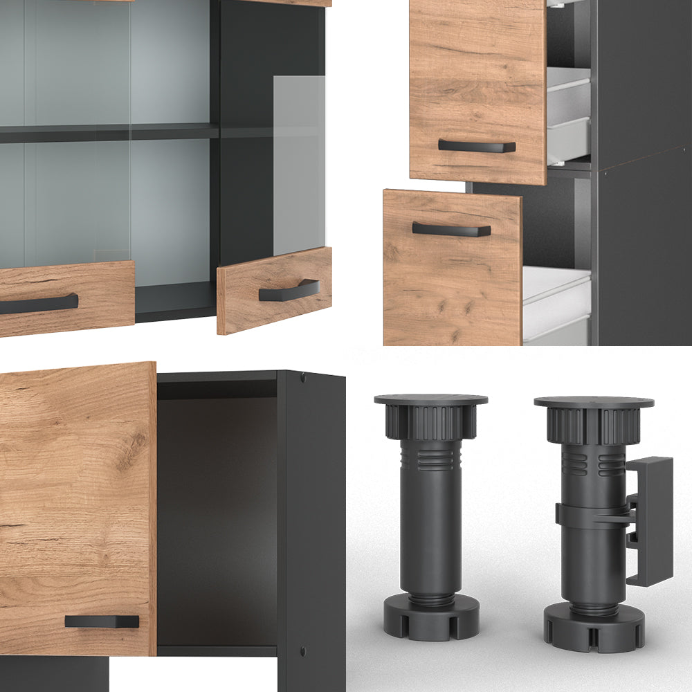 Vicco Cucina componibile Quercia dorata/antracite 350 cm con armadio alto, senza piano di lavoro