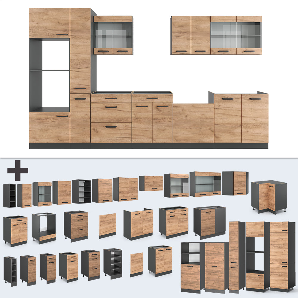 Vicco Cucina componibile Quercia dorata/antracite 350 cm con armadio alto, senza piano di lavoro