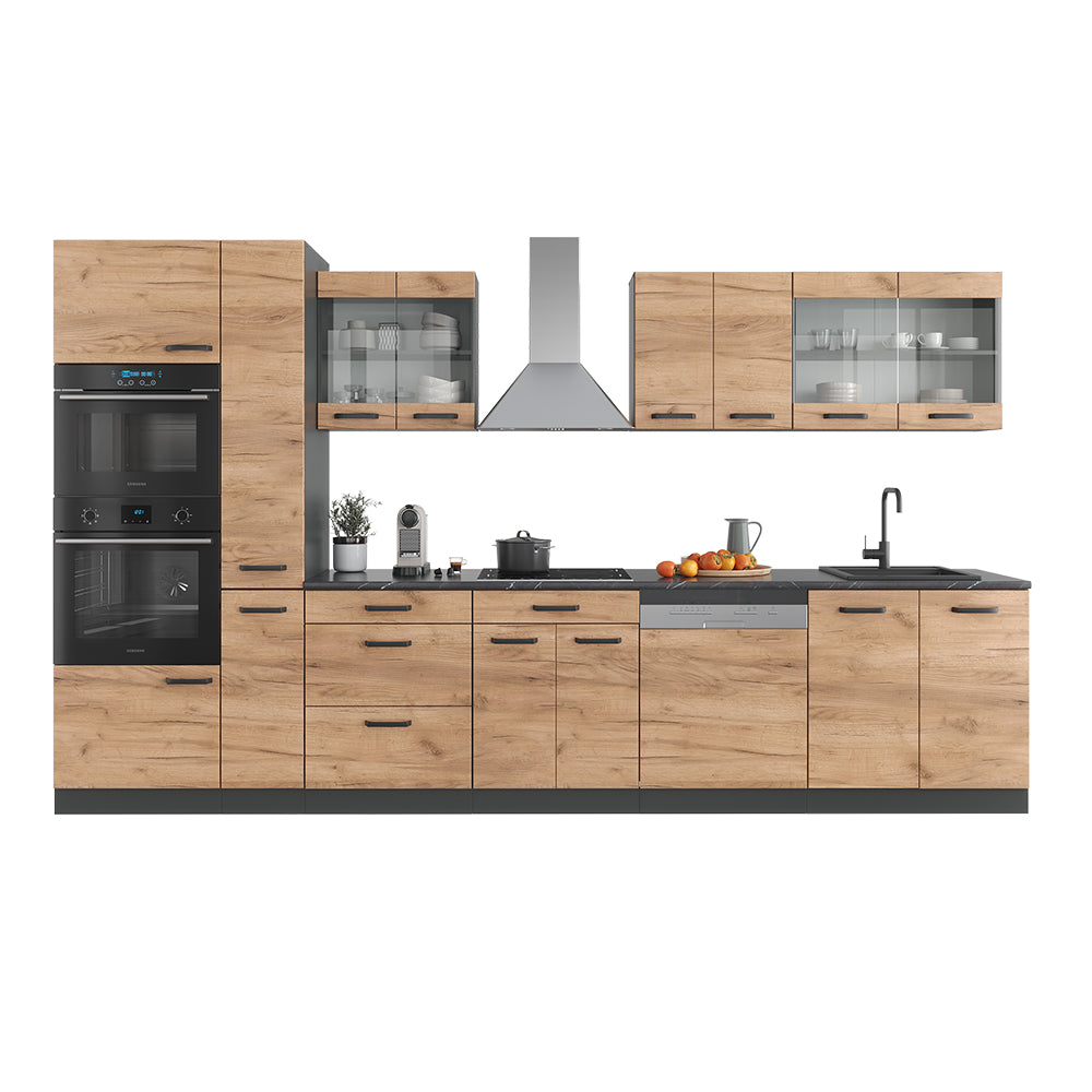 Vicco Cucina componibile Quercia dorata/antracite 350 cm con armadio alto, senza piano di lavoro
