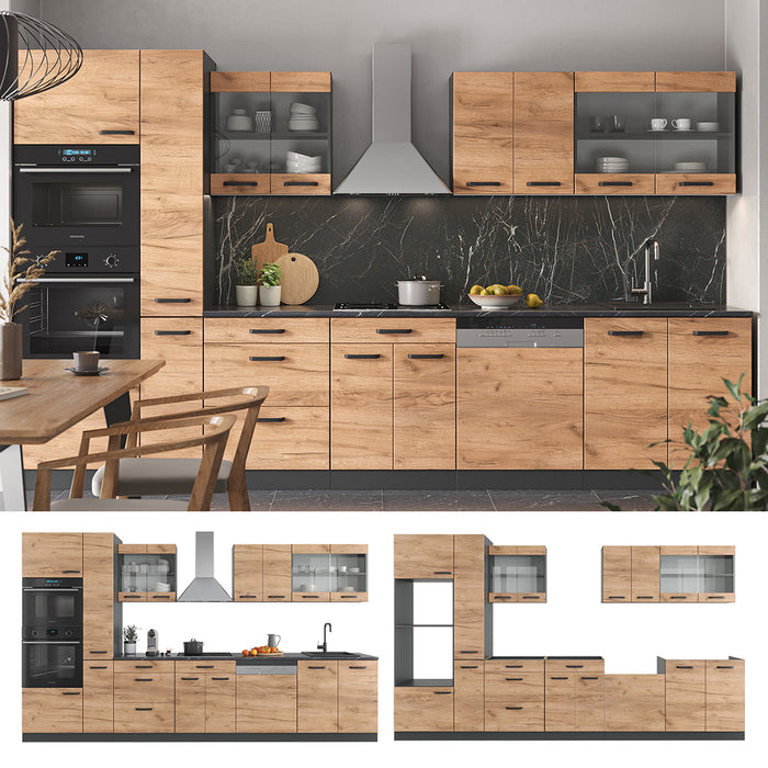 Vicco Cucina componibile Quercia dorata/antracite 350 cm con armadio alto, senza piano di lavoro