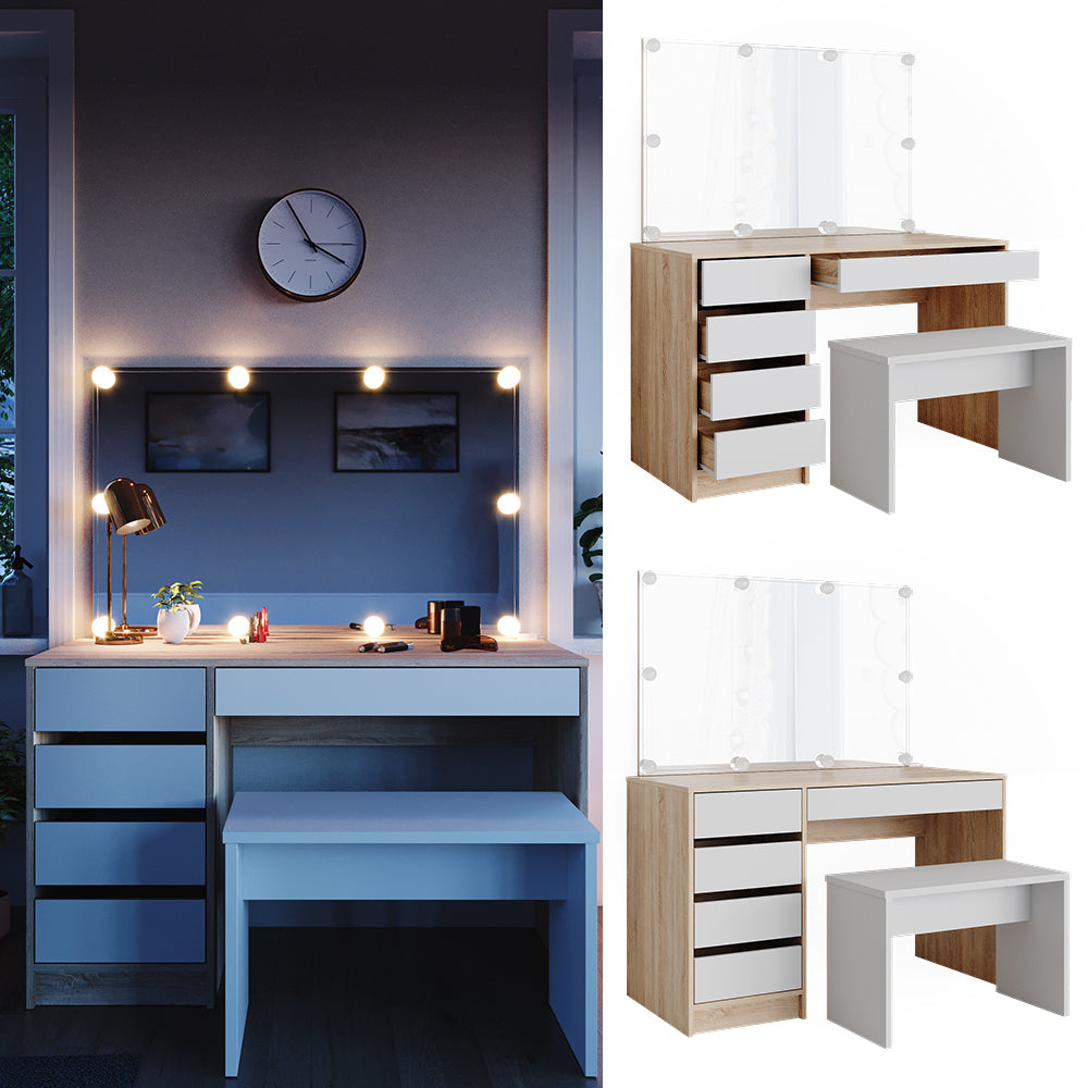 Vicco Tavolo da toeletta Bianco/Sonoma 55 cm con illuminazione a LED e panca