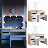 Vicco Tavolo da toeletta Bianco/Sonoma 55 cm con illuminazione a LED e panca