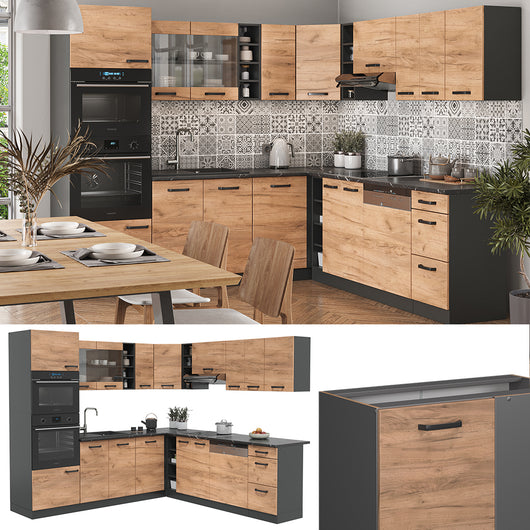 Vicco Cucina angolare completa Quercia dorata/antracite 237 x 60 cm senza piano di lavoro
