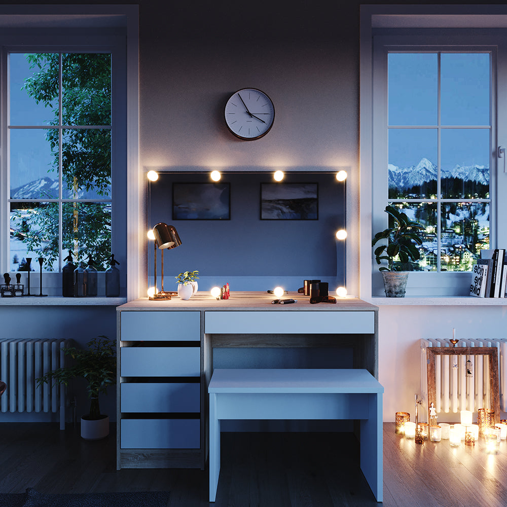 Vicco Tavolo da toeletta Bianco/Sonoma 55 cm con illuminazione a LED e panca