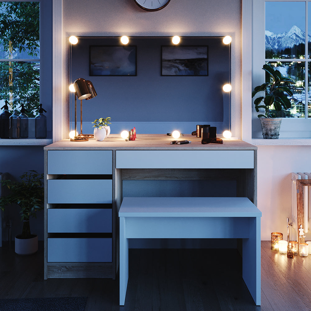 Vicco Tavolo da toeletta Bianco/Sonoma 55 cm con illuminazione a LED e panca