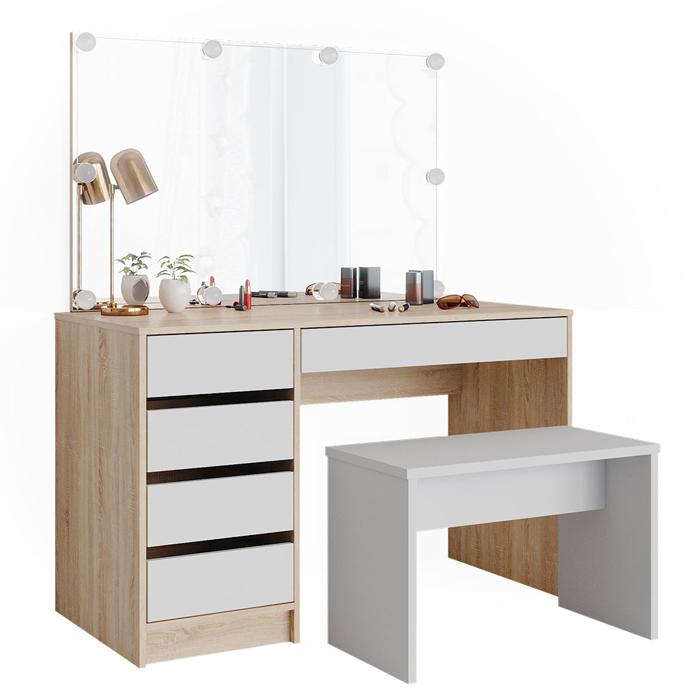 Vicco Tavolo da toeletta Bianco/Sonoma 55 cm con illuminazione a LED e panca