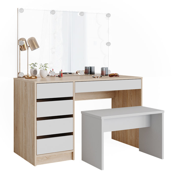 Vicco Tavolo da toeletta Bianco/Sonoma 55 cm con illuminazione a LED e panca