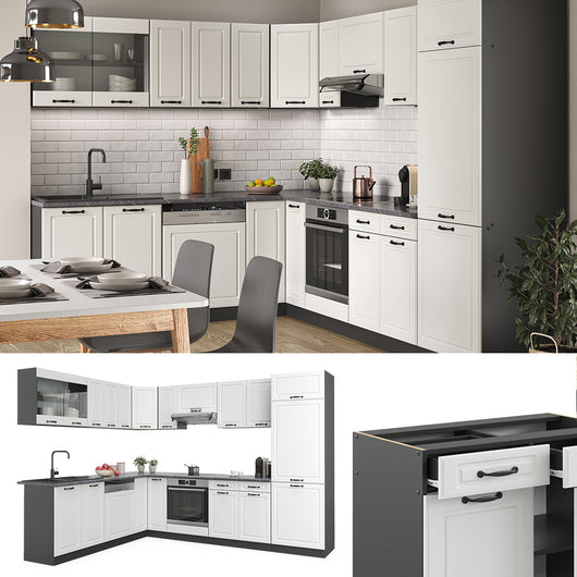 Vicco Cucina angolare completa Bianco casa di campagna/antracite 227 x 287 cm senza piano di lavoro