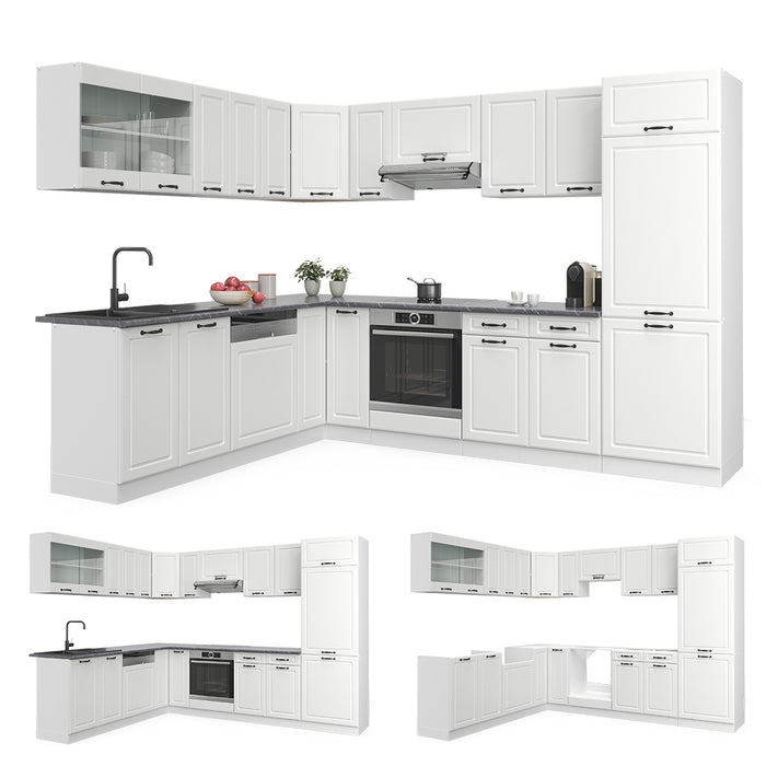 Vicco Cucina angolare completa Casa di campagna bianca/bianco 227 x 287 cm senza piano di lavoro