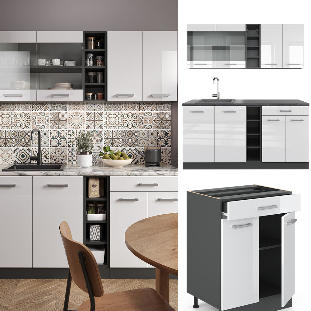 Vicco Cucina completa Bianco lucido/antracite 160 cm senza piano di lavoro