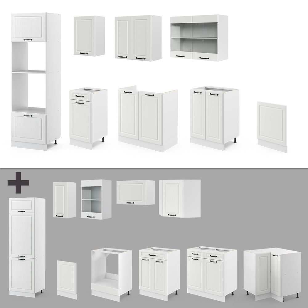Vicco Cucina componibile Casa di campagna bianca/bianco 300 cm con armadio alto, PL Antracite