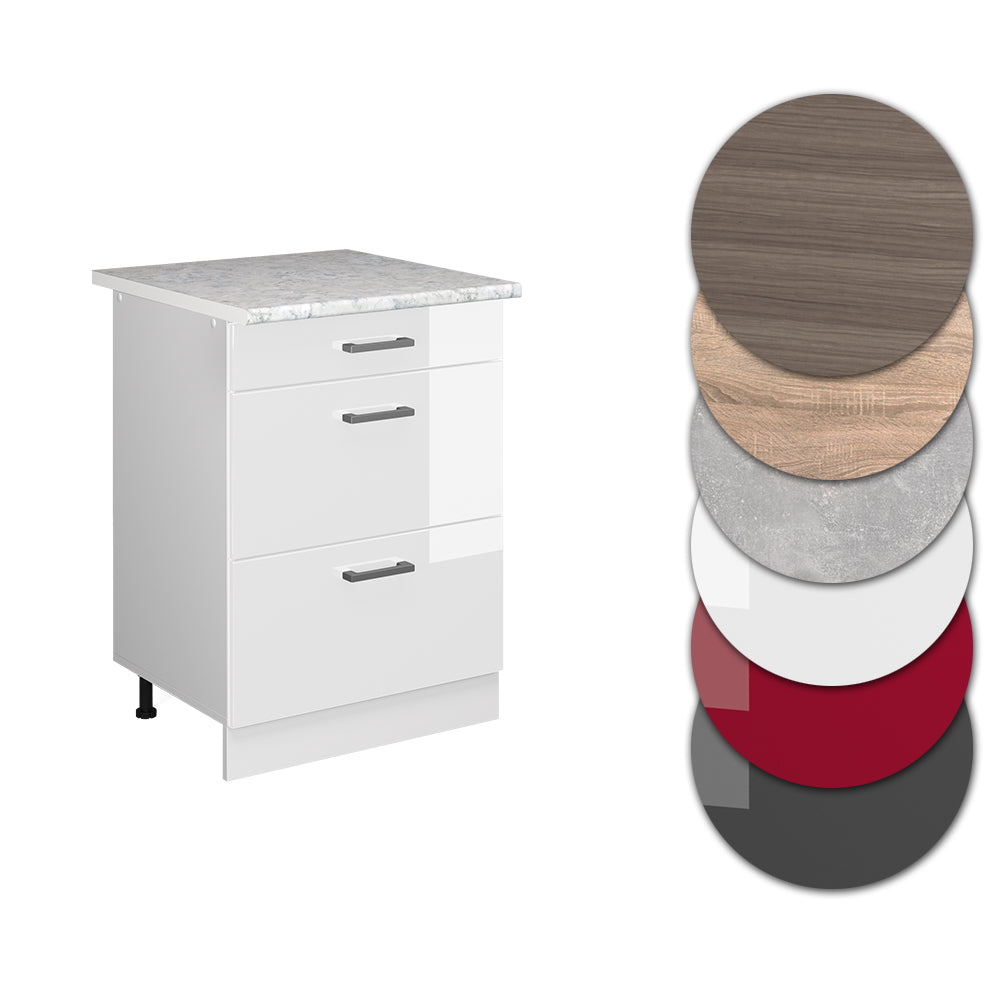 Vicco Mobiletto base per cucina Bianco lucido 60 cm con cassetti PL Marmo