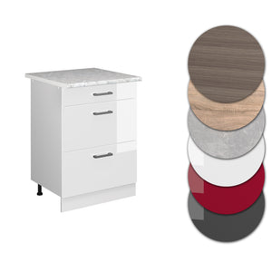 Vicco Mobiletto base per cucina Bianco lucido 60 cm con cassetti PL Marmo