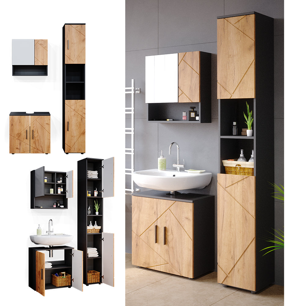 Vicco Set mobili bagno Quercia dorata/antracite 3 parti, con colonna