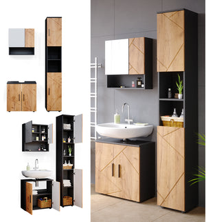 Vicco Set mobili bagno Quercia dorata/antracite 3 parti, con colonna
