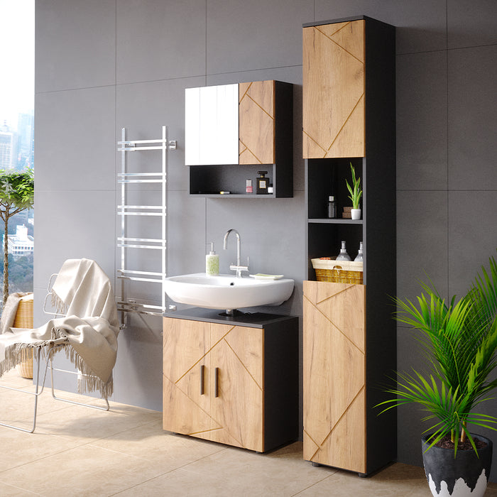 Vicco Set mobili bagno Quercia dorata/antracite 3 parti, con colonna
