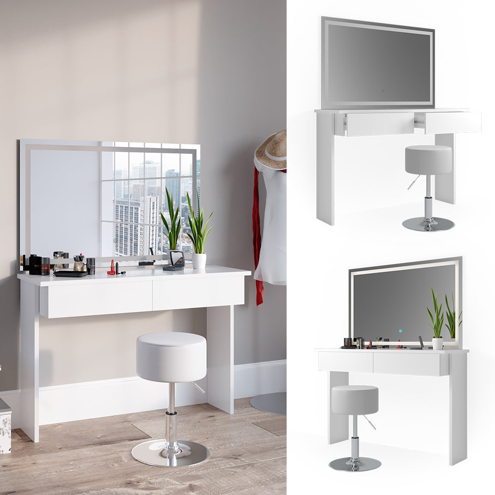 Vicco Tavolo da toeletta Bianco 120 cm con specchio e sgabello a LED