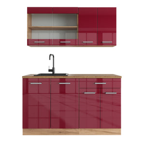 Vicco Cucina monoblocco Rosso lucido/rovere dorato 140 cm , PL Rovere