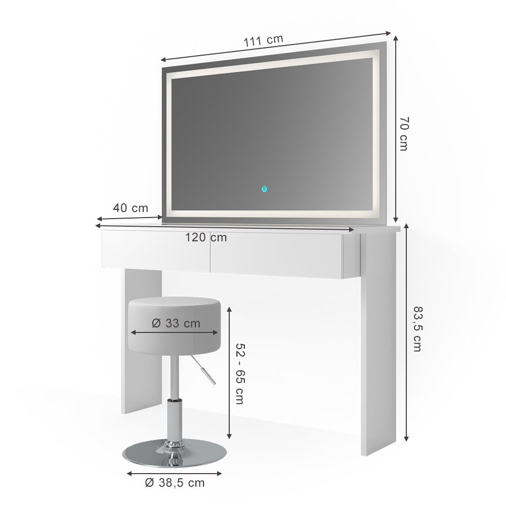 Vicco Tavolo da toeletta Bianco 120 cm con specchio e sgabello a LED