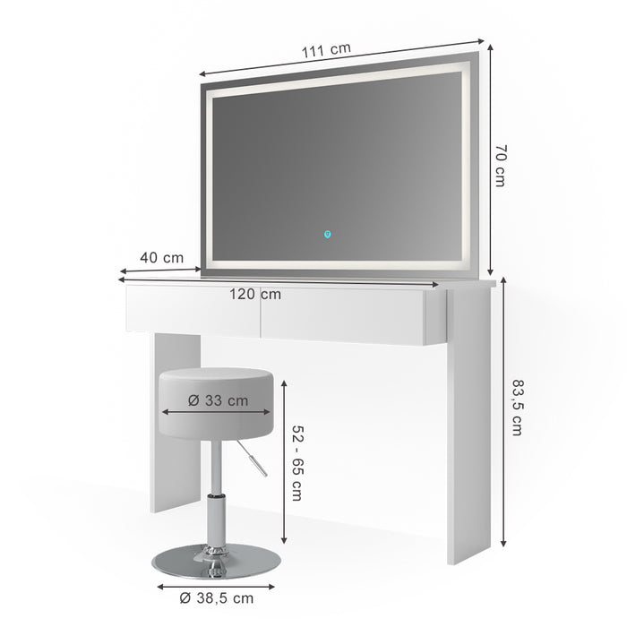 Vicco Tavolo da toeletta Bianco 120 cm con specchio e sgabello a LED