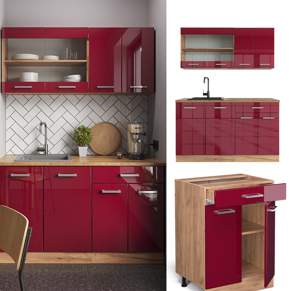 Vicco Cucina monoblocco Rosso lucido/rovere dorato 140 cm , PL Rovere