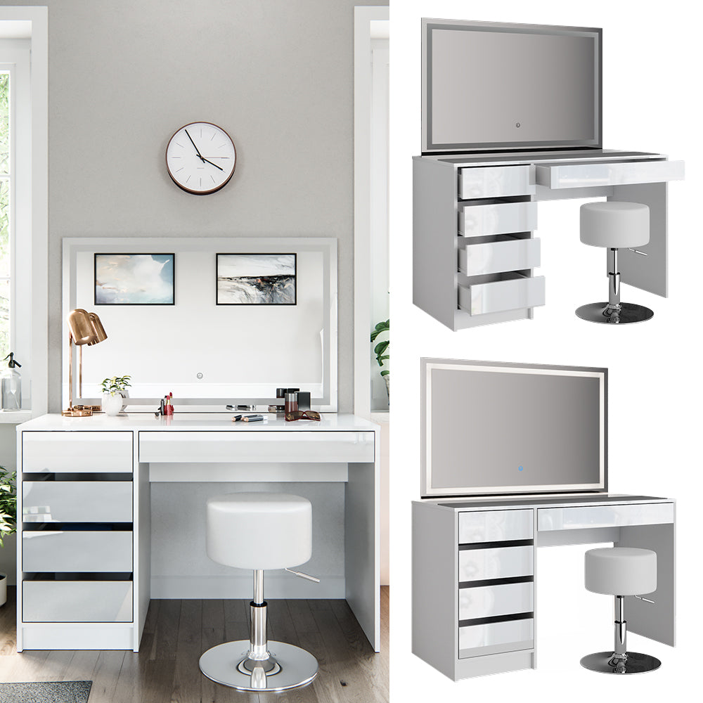 Vicco Tavolo da toeletta Bianco 55 cm con specchio LED e sgabello