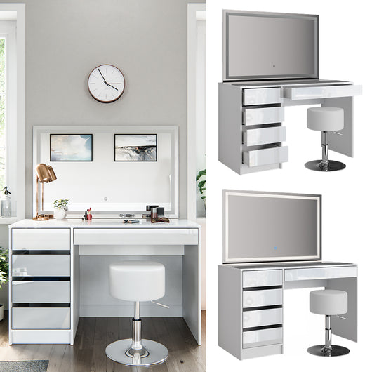 Vicco Tavolo da toeletta Bianco 55 cm con specchio LED e sgabello