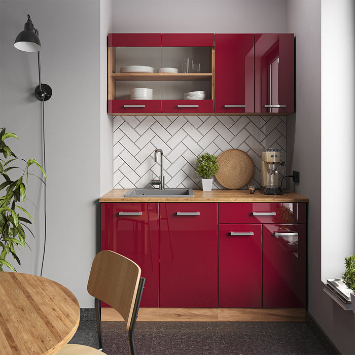 Vicco Mobile cucina sottotetto Rosso lucido/rovere dorato 60 cm con 2 cassetti
