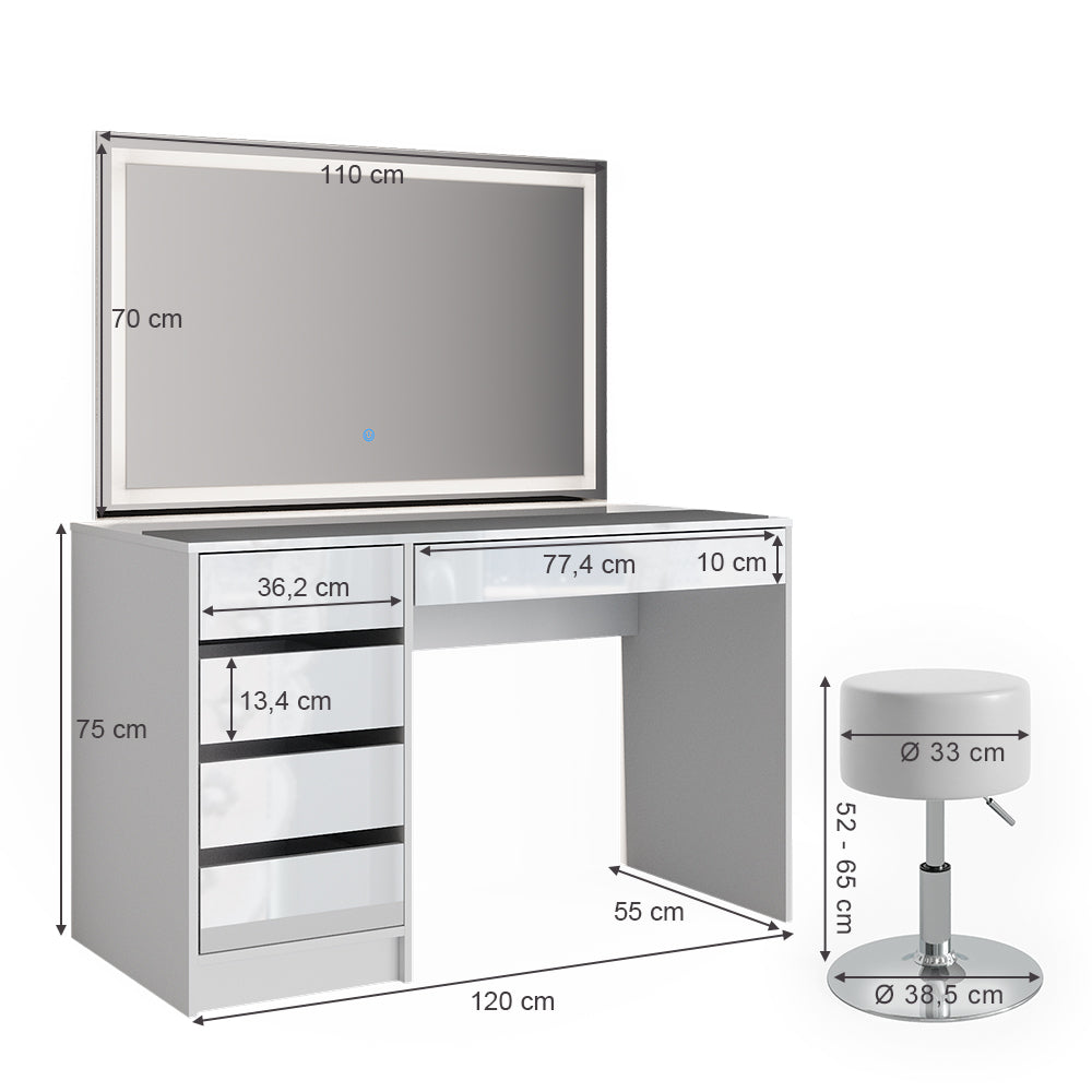 Vicco Tavolo da toeletta Bianco 55 cm con specchio LED e sgabello