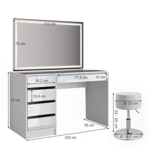 Vicco Tavolo da toeletta Bianco 55 cm con specchio LED e sgabello