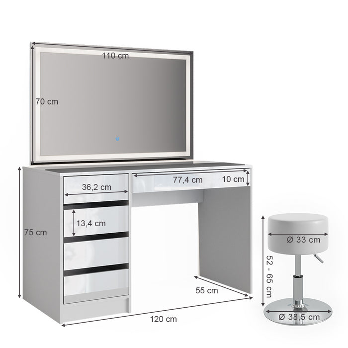 Vicco Tavolo da toeletta Bianco 55 cm con specchio LED e sgabello