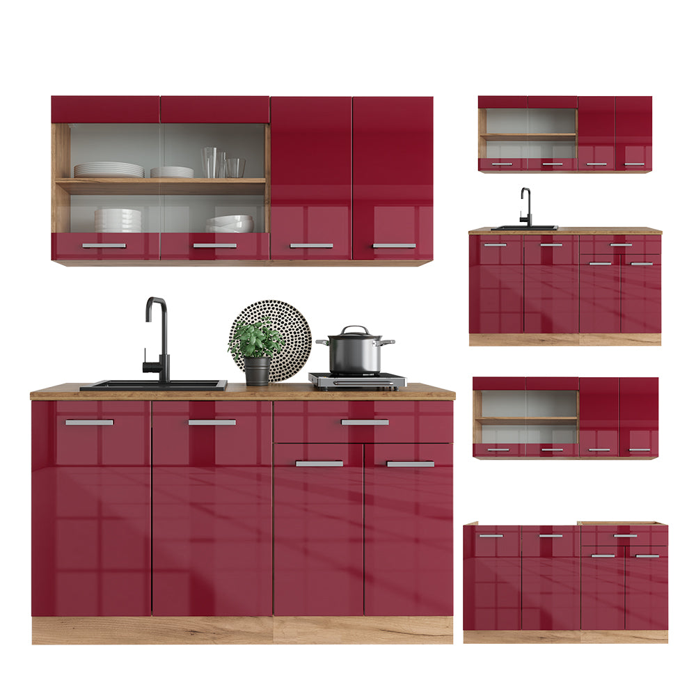 Vicco Cucina monoblocco Rosso lucido/rovere dorato 140 cm , PL Rovere