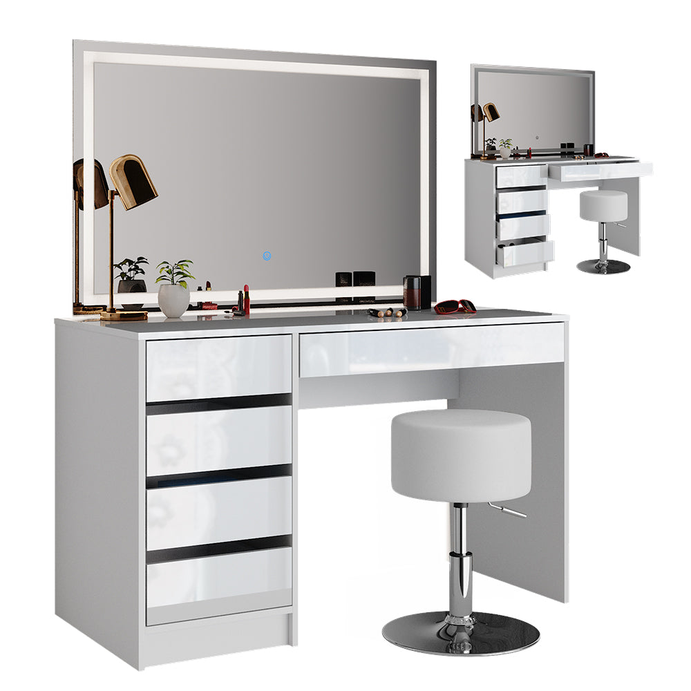 Vicco Tavolo da toeletta Bianco 55 cm con specchio LED e sgabello