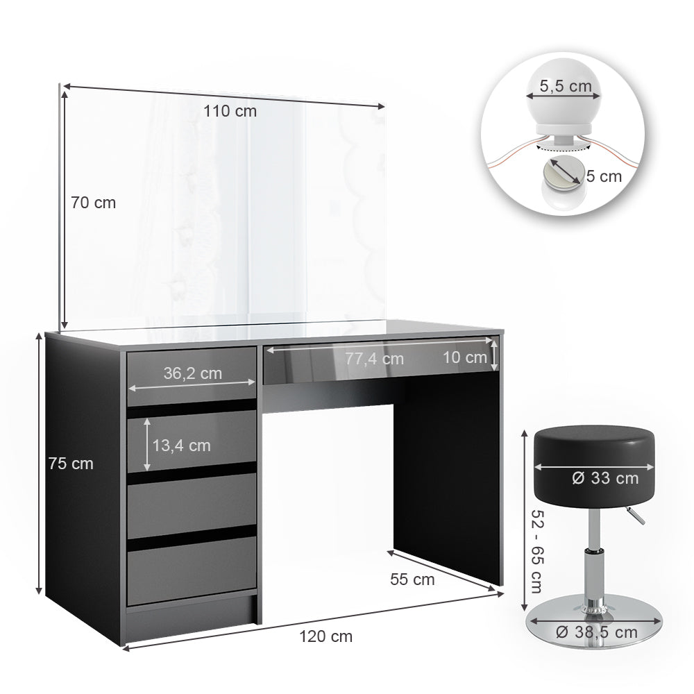 Vicco Tavolo da toeletta Antracite 55 cm con illuminazione a LED e sgabello