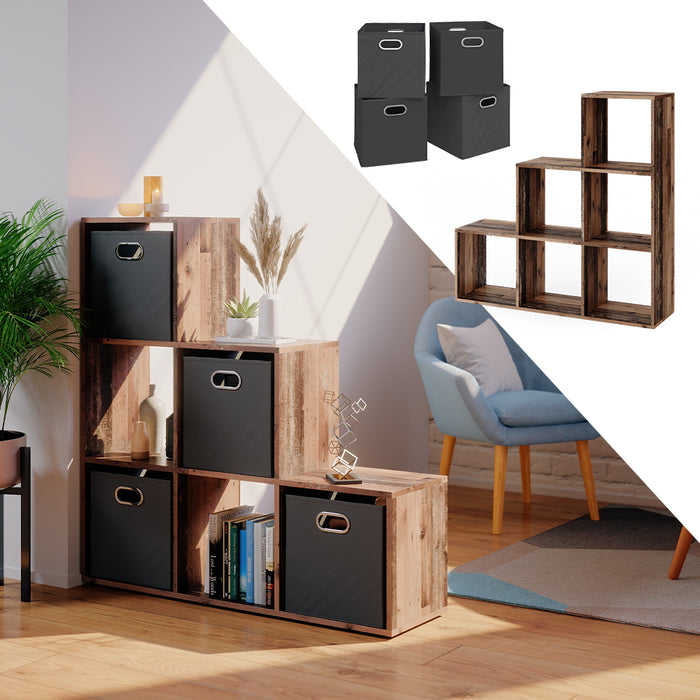 Vicco Scaffale per scale Legno antico 107.2 x 107.8 cm con 4 scatole pieghevoli