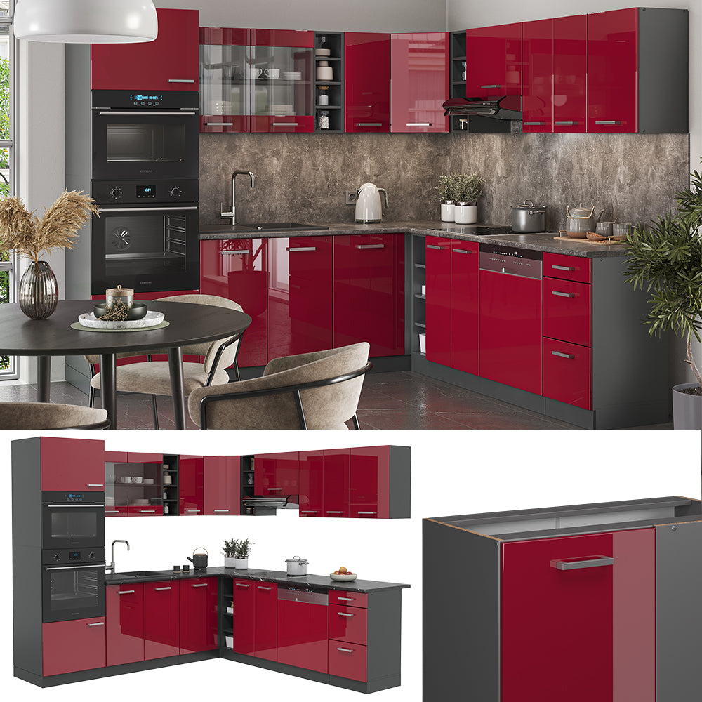 Vicco Cucina angolare completa Rosso lucido/antracite 247 x 60 cm , PL Rovere