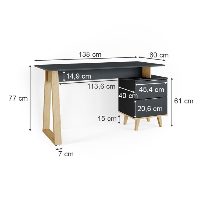 Vicco Scrivania Antracite 138 x 60 cm con cassetti, L
