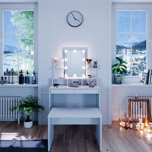 Vicco Tavolo da toeletta Bianco 80 cm con illuminazione a LED e panca