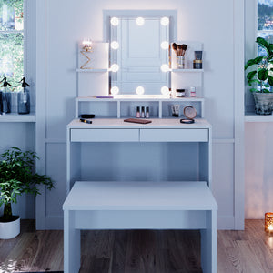 Vicco Tavolo da toeletta Bianco 80 cm con illuminazione a LED e panca