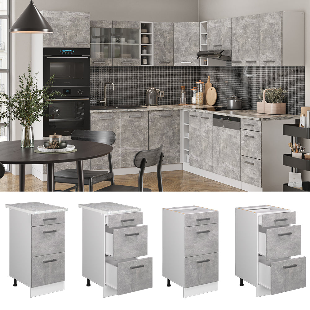 Vicco Mobiletto base per cucina Calcestruzzo 40 cm con cassetti, PL Rovere