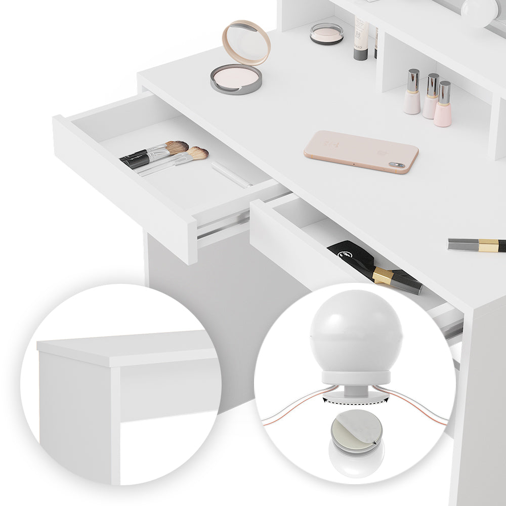 Vicco Tavolo da toeletta Bianco 80 cm con illuminazione a LED e panca