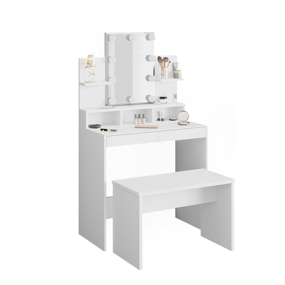 Vicco Tavolo da toeletta Bianco 80 cm con illuminazione a LED e panca